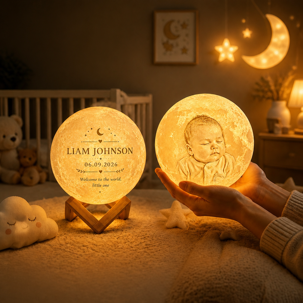 Lampe De Lune Personnalisée Pour Nouveau-né Avec Photo De Bébé Et Détails De Naissance – Veilleuse De Calendrier Lunaire Gravée Sur Mesure, Cadeau Souvenir D'annonce De Naissance De Bébé
