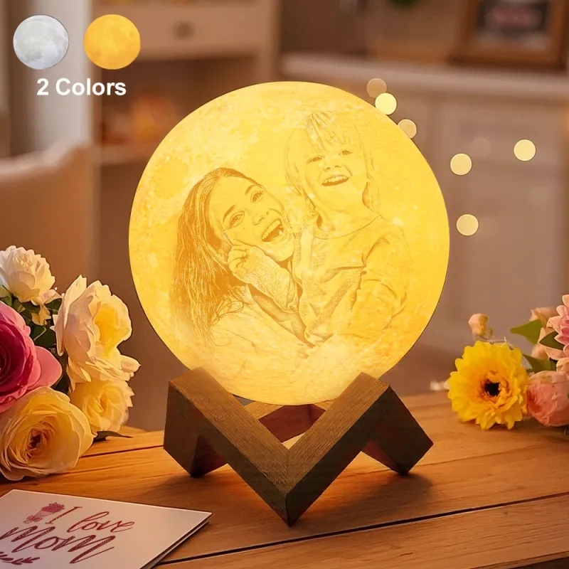 Lampe de Lune Photo & Gravée par Impression 3D Personnalisée - Pour Amoureux - Toucher 2 couleurs(10cm-20cm)
