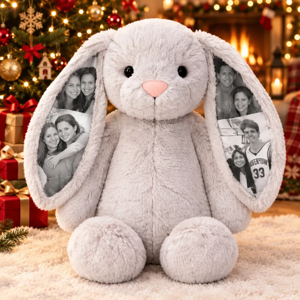 Peluche de lapin avec photo personnalisée – Cadeau personnalisé avec image d'oreille cachée pour les couples, anniversaire, fête des mères