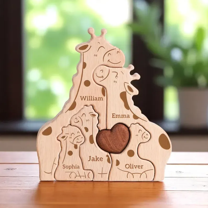 Puzzle Personnalisé Famille Girafe, Cadeau Fête Des Mères, Cadeau Pour Une Fête De Bébé En Famille, Cadeau Pour Une Famille De Quatre, Cadeaux Girafe, Décoration De Chambre D'enfant - MapLunelampeFr