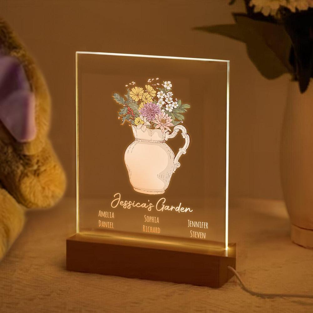 Plaque Lumineuse De Nuit En Acrylique, Fleur De Naissance Personnalisée, Avec 1 À 12 Noms, Pendaison De Crémaillère, Cadeau De Fête Des Mères Pour Mère Grand-mère