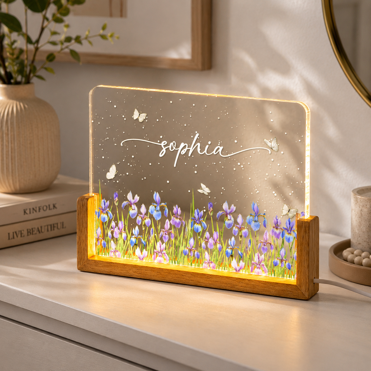 Mois De Naissance Fleur Aquarelle Blooming In Love - Veilleuse LED Acrylique Personnalisée - Cadeau Spécial Pour Les Amis, Les Amoureux, Les Membres De La Famille - MapLunelampeFr