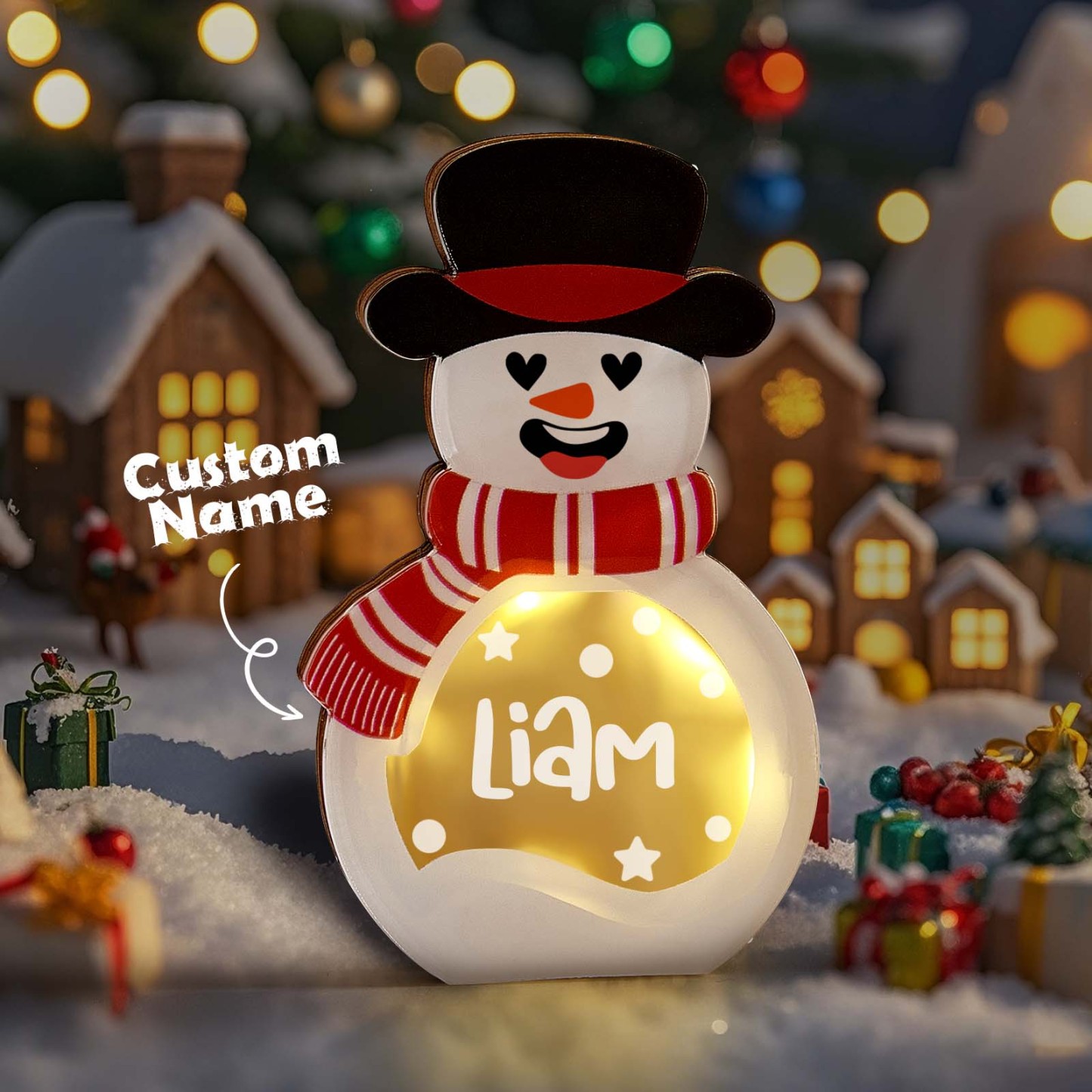 Décoration Personnalisée En Bois De Bonhomme De Neige Avec Lumière Led, Panneau De Bloc De Nom D'hiver, Fournitures De Fête De Vacances, Cadeau De Noël Pour La Famille