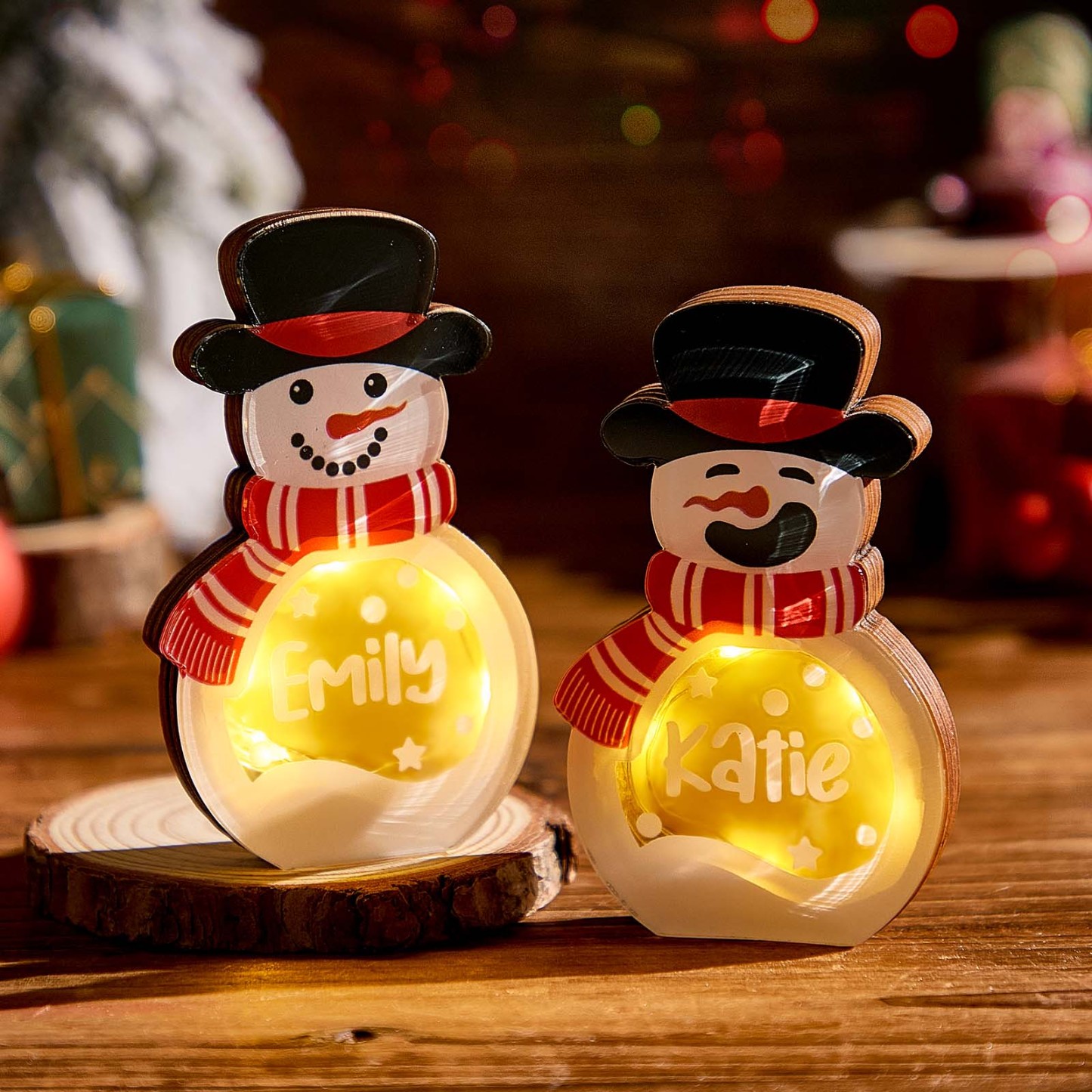 Décoration Personnalisée En Bois De Bonhomme De Neige Avec Lumière Led, Panneau De Bloc De Nom D'hiver, Fournitures De Fête De Vacances, Cadeau De Noël Pour La Famille