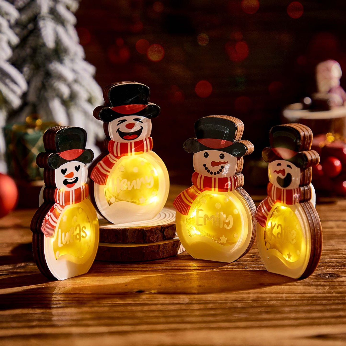Décoration Personnalisée En Bois De Bonhomme De Neige Avec Lumière Led, Panneau De Bloc De Nom D'hiver, Fournitures De Fête De Vacances, Cadeau De Noël Pour La Famille