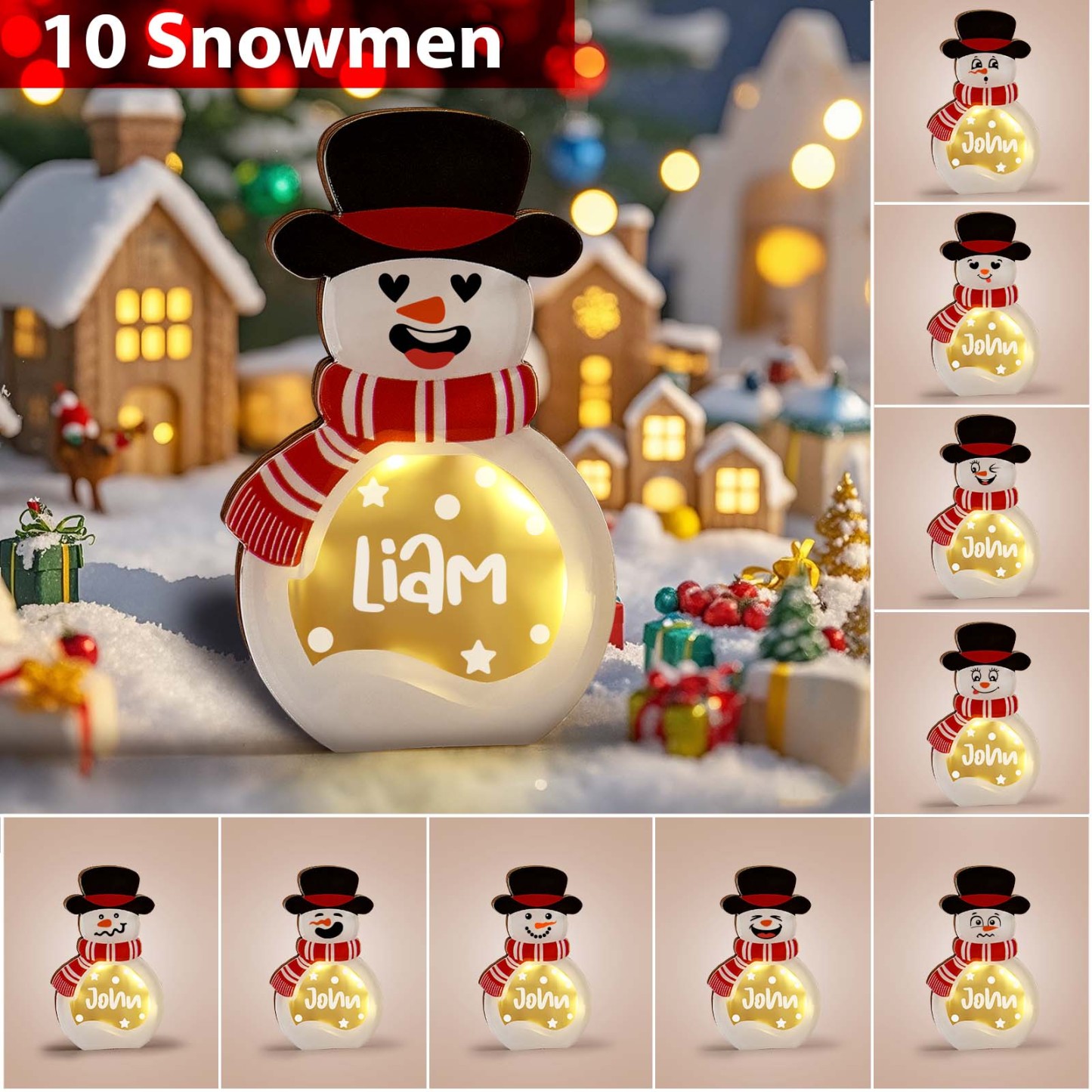 Décoration Personnalisée En Bois De Bonhomme De Neige Avec Lumière Led, Panneau De Bloc De Nom D'hiver, Fournitures De Fête De Vacances, Cadeau De Noël Pour La Famille