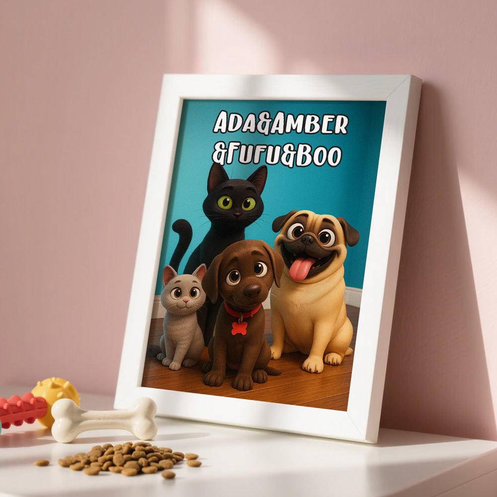 Cadre Photo Personnalisé En Bois Avec Dessin Animé Pour Animaux De Compagnie, Décoration Mignonne Pour Animaux De Compagnie, Plaque Cadeau, 3 Animaux De Compagnie - MapLunelampeFr