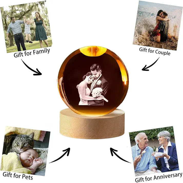 Boule De Cristal Personnalisée Avec Photo 3D Et Socle LED - Cadeau Souvenir Pour Animaux De Compagnie, Anniversaire, Noël (8cm, Colorée)