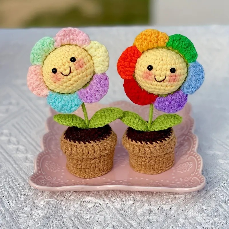 Mini Pot De Fleurs Souriantes Au Crochet, Décoration De Bureau Aux Couleurs Pastel Arc-en-ciel - MapLunelampeFr
