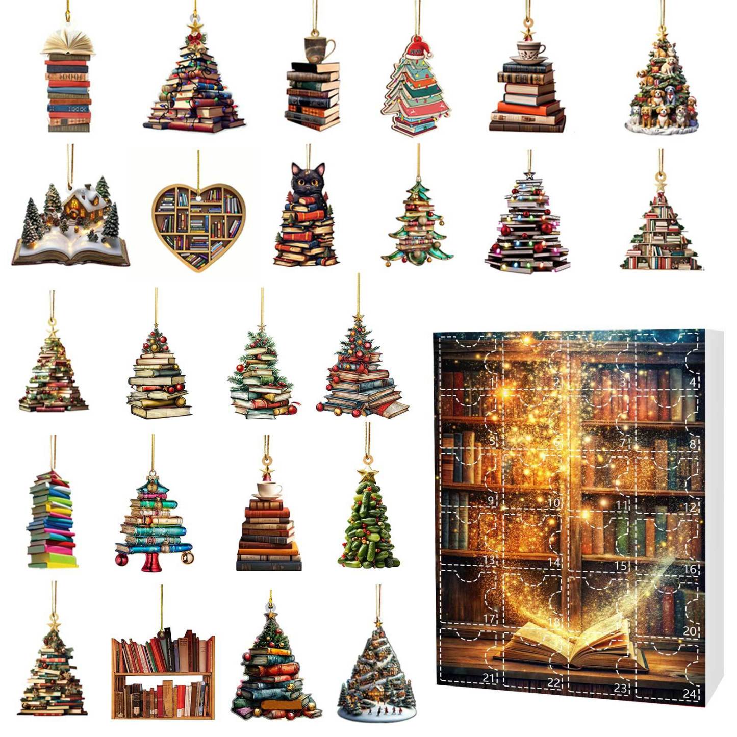 Calendrier De L'avent De Noël Avec 24 Décorations Uniques En Acrylique 2d En Forme De Livre - MapLunelampeFr