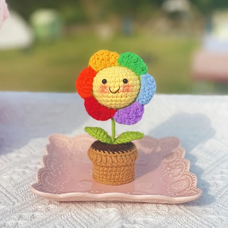 Mini Pot De Fleurs Souriantes Au Crochet, Décoration De Bureau Aux Couleurs Pastel Arc-en-ciel - MapLunelampeFr