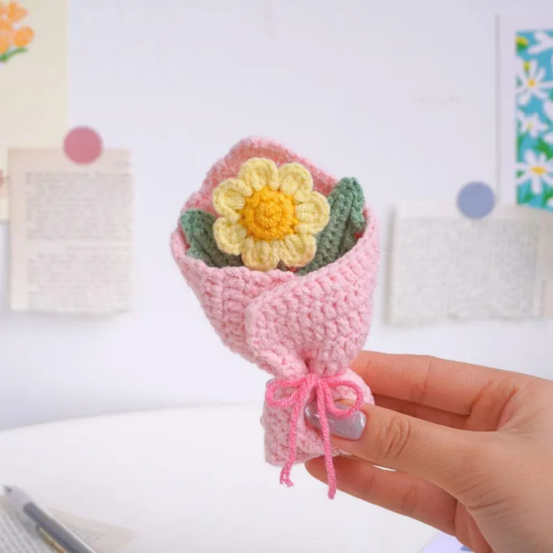 Mini Bouquet De Tournesols Au Crochet - Décoration Florale De Poche Tricotée À La Main - MapLunelampeFr