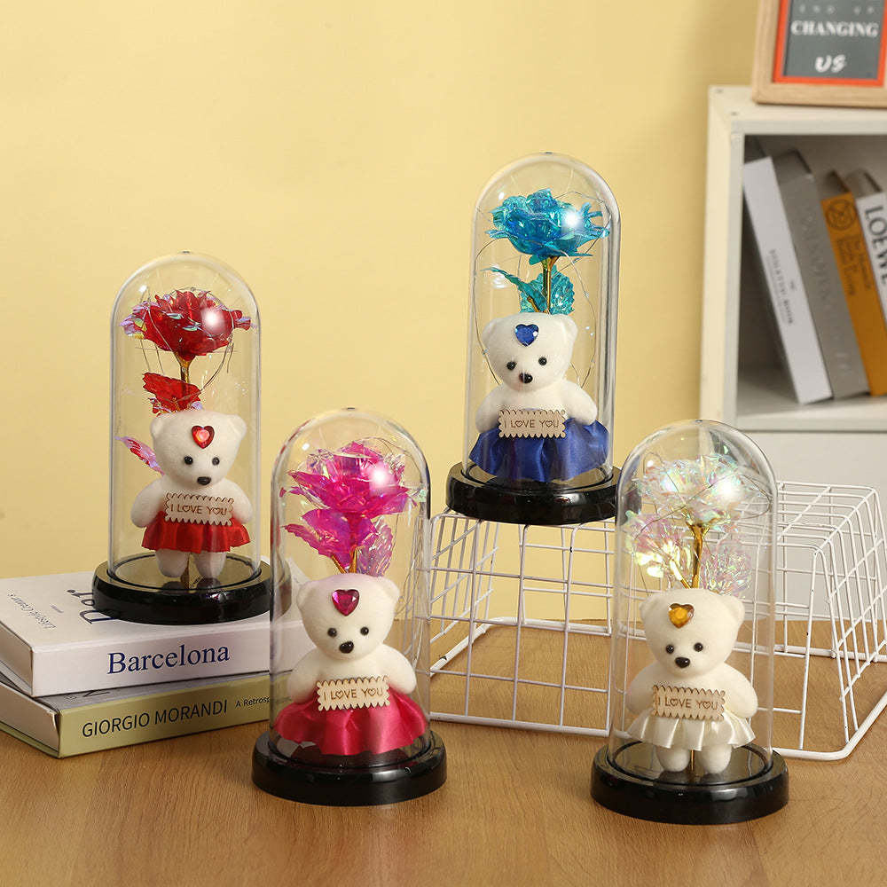 Simulation Romantique Rose Éternelle Fleur Ours Couvercle En Verre Led Veilleuse - maplunelampefr