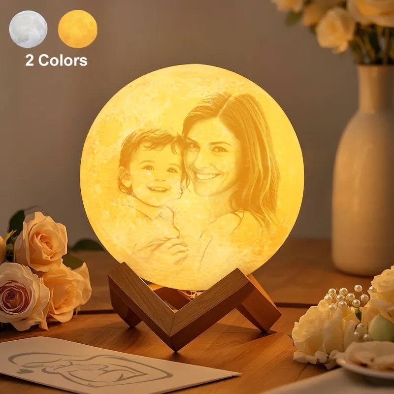 Lampe de Lune Photo & Gravée par Impression 3D Personnalisée - Pour Amoureux - Toucher 2 couleurs(10cm-20cm)