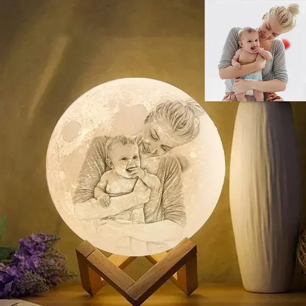 Fête des mères 3D Créative et Lampe de Lune Personnalisé Gravée avec Photo de Famille - Toucher Deux Couleurs