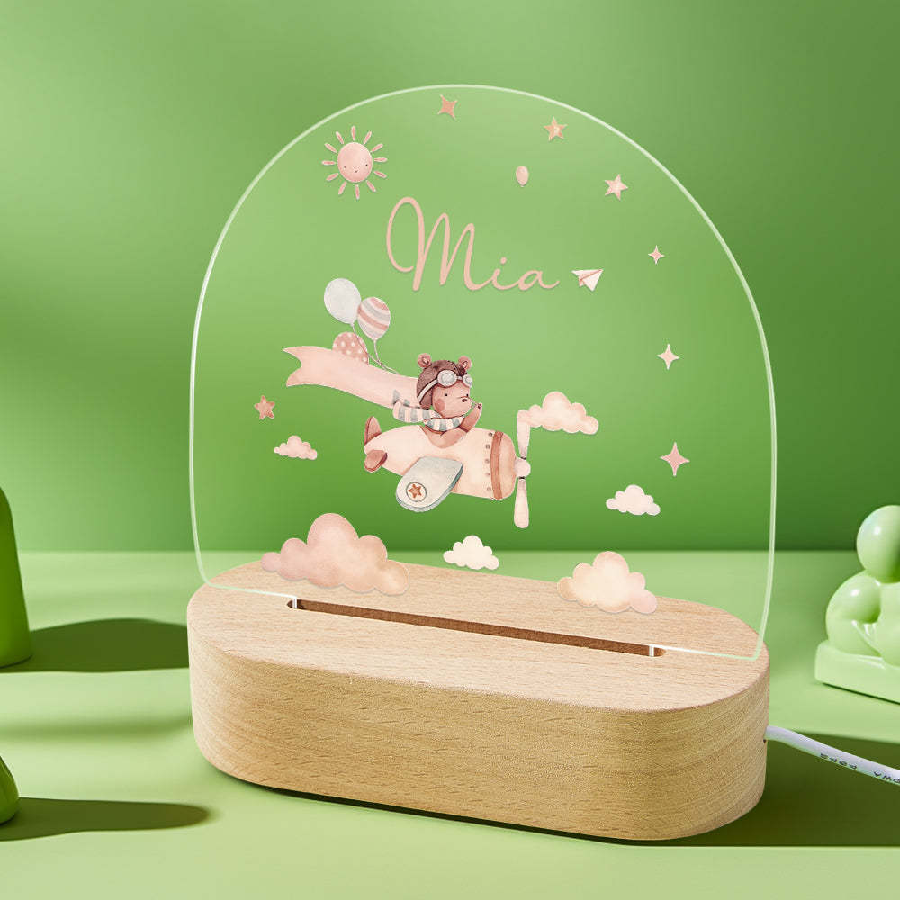 Veilleuse Personnalisée Pour Bébé Avec Base En Bois Nom Personnalisé Animaux De Pépinière Lumière Cadeau Pour Bébé - maplunelampefr