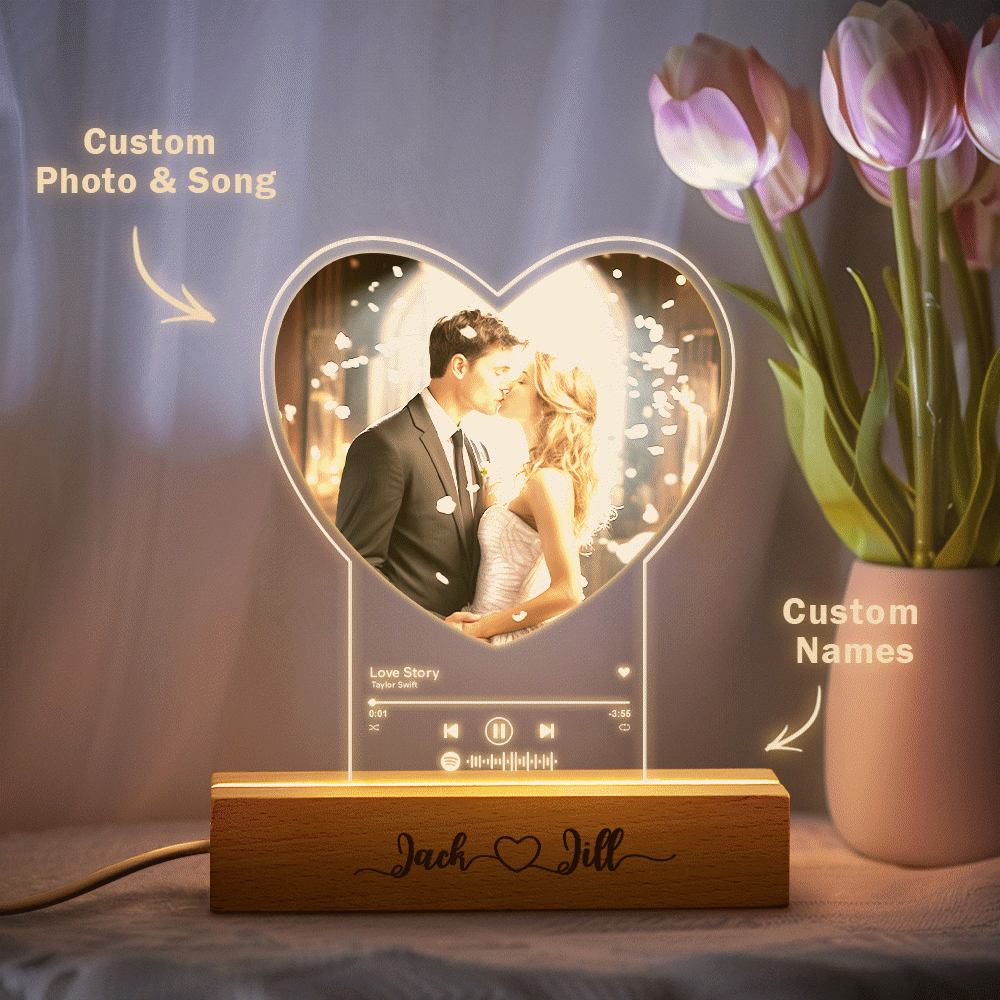 Lampe Acrylique En Forme De Cœur Avec Photo Personnalisée, Veilleuse Personnalisée Avec Base En Bois Gravé, Cadeau Pour Couple - MapLunelampeFr