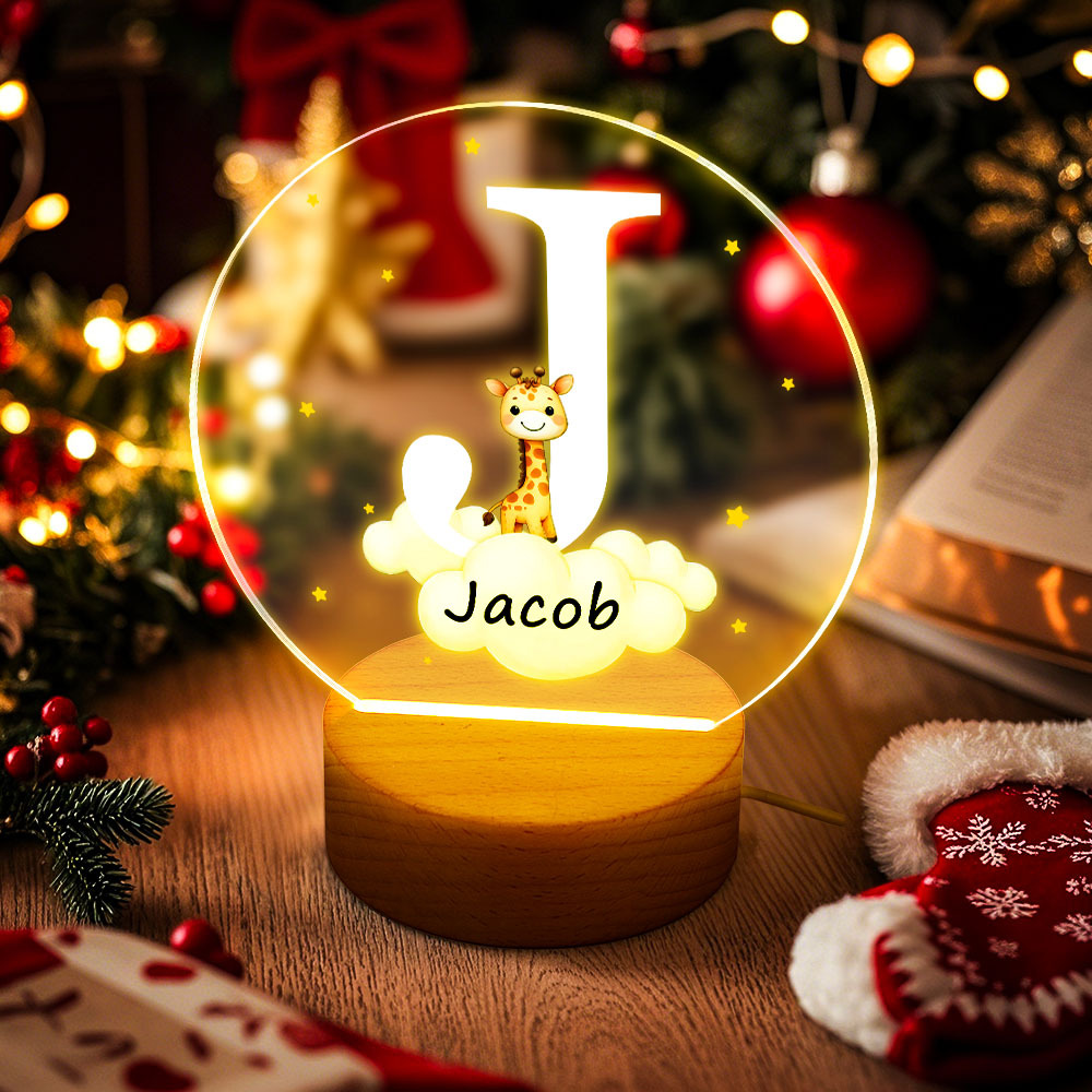 Veilleuse Led Personnalisée Avec Nom Initial D'animal De La Forêt Et Nuage D'étoile Fantaisie Personnalisé Avec Base En Bois, Décoration De Chambre D'enfant, Cadeau D'anniversaire, De Fête Prénatale Pour Les Enfants