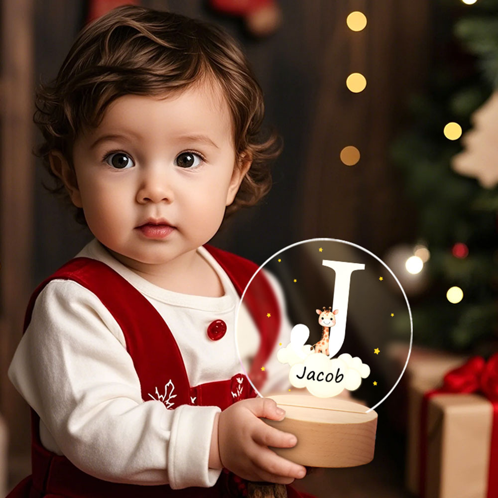 Veilleuse Led Personnalisée Avec Nom Initial D'animal De La Forêt Et Nuage D'étoile Fantaisie Personnalisé Avec Base En Bois, Décoration De Chambre D'enfant, Cadeau D'anniversaire, De Fête Prénatale Pour Les Enfants