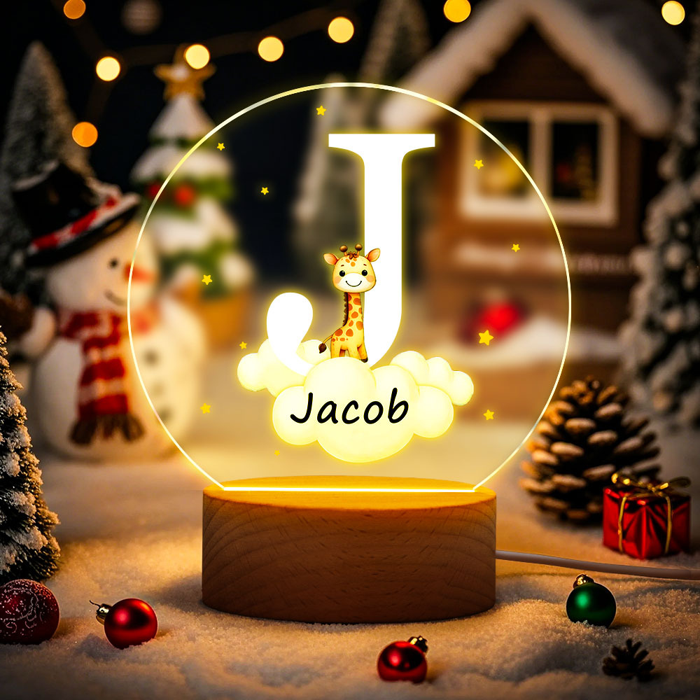 Veilleuse Led Personnalisée Avec Nom Initial D'animal De La Forêt Et Nuage D'étoile Fantaisie Personnalisé Avec Base En Bois, Décoration De Chambre D'enfant, Cadeau D'anniversaire, De Fête Prénatale Pour Les Enfants