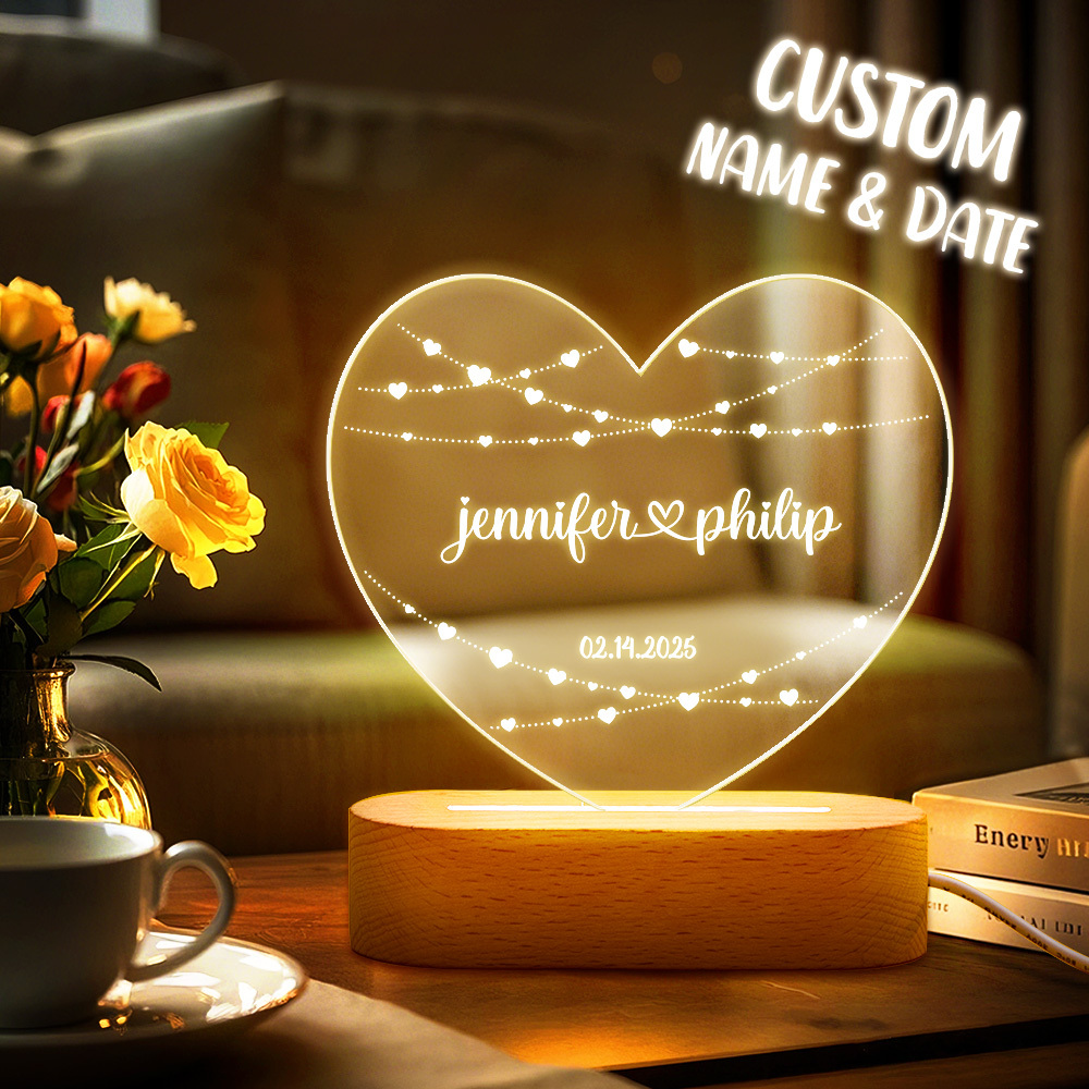 Lampe Personnalisée Veilleuse Acrylique Personnalisée, Saint-valentin, Mariage, Noms Et Date D'anniversaire