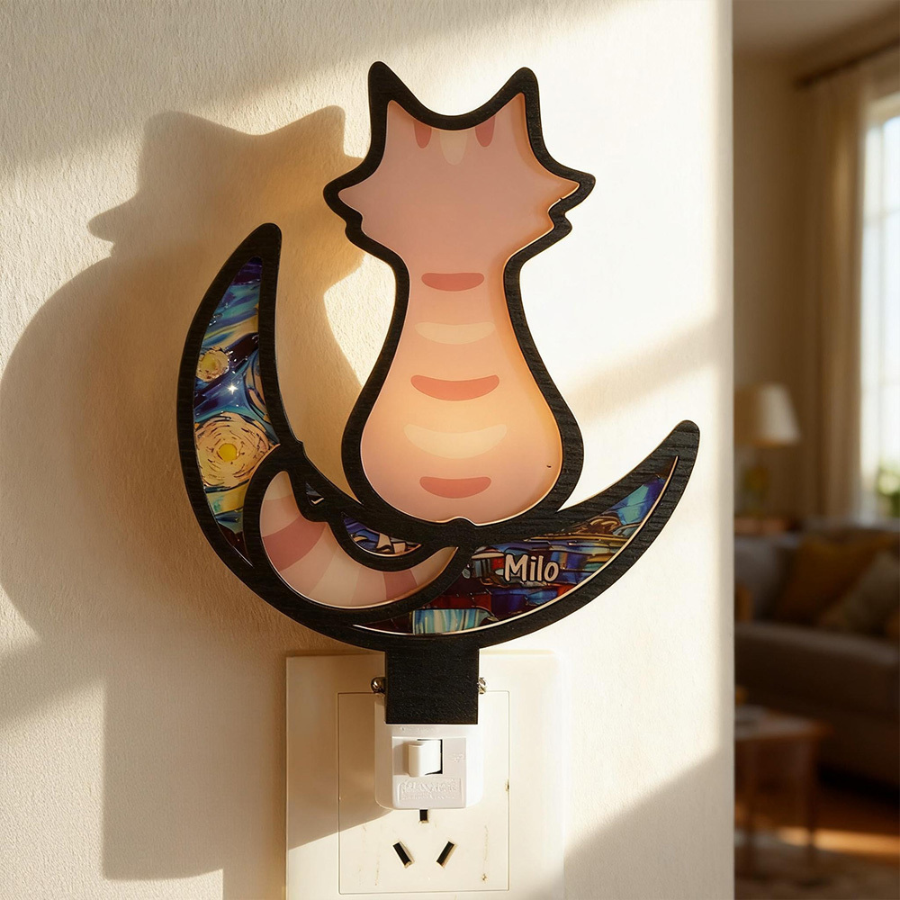 Veilleuse Chat En Acrylique Personnalisable Avec Fond De Lune Étoilée - Lampe De Nuit Led À Brancher Pour La Décoration De Chambre
