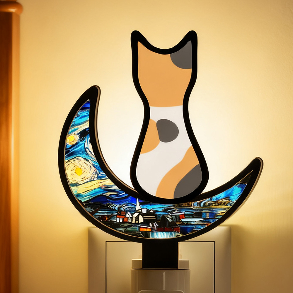 Veilleuse Chat En Acrylique Personnalisable Avec Fond De Lune Étoilée - Lampe De Nuit Led À Brancher Pour La Décoration De Chambre - MapLunelampeFr