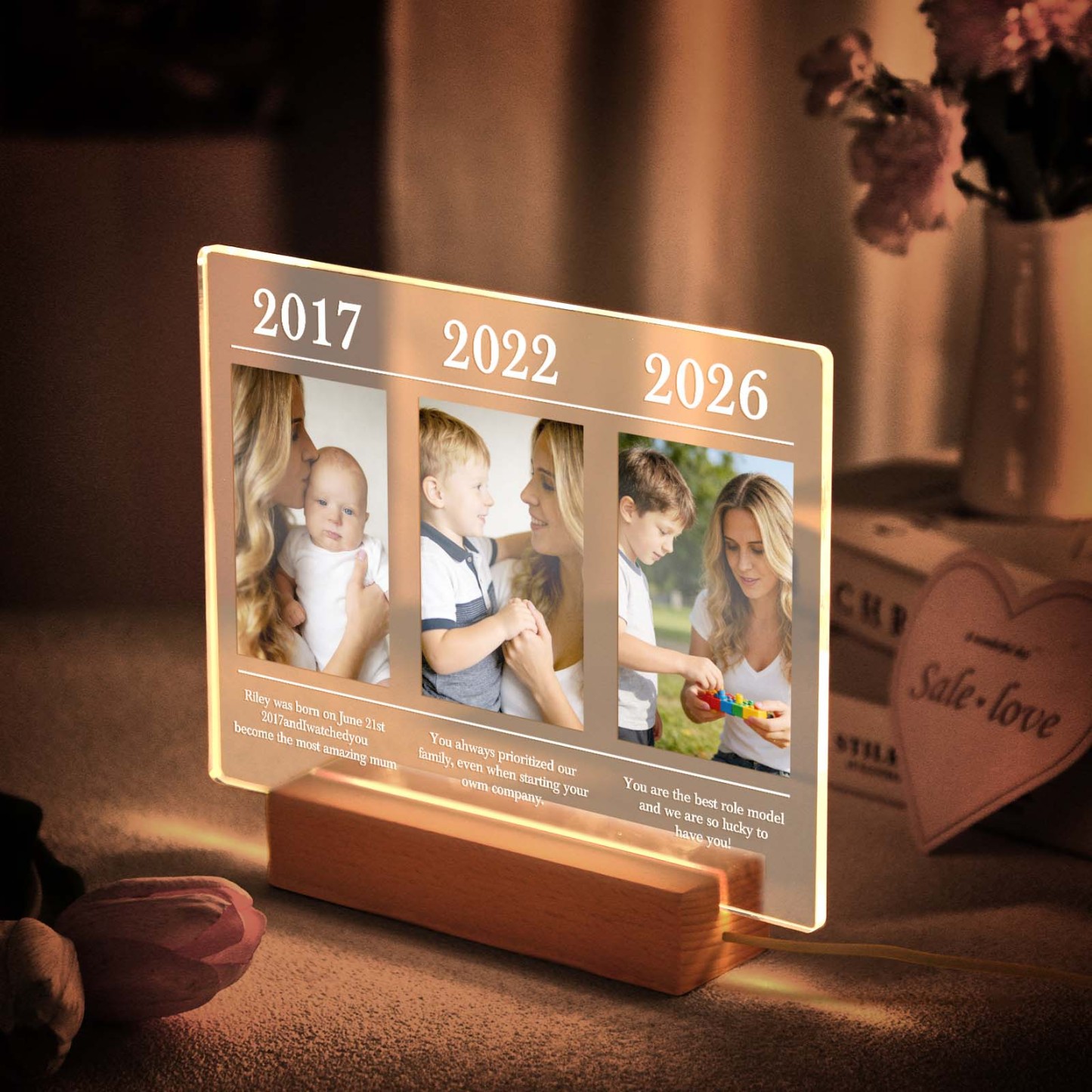 Veilleuse En Acrylique Personnalisée En Forme De Cœur Avec Collage Photo Et Texte, Lampe Led, Cadeau Pour La Fête Des Mères - MapLunelampeFr