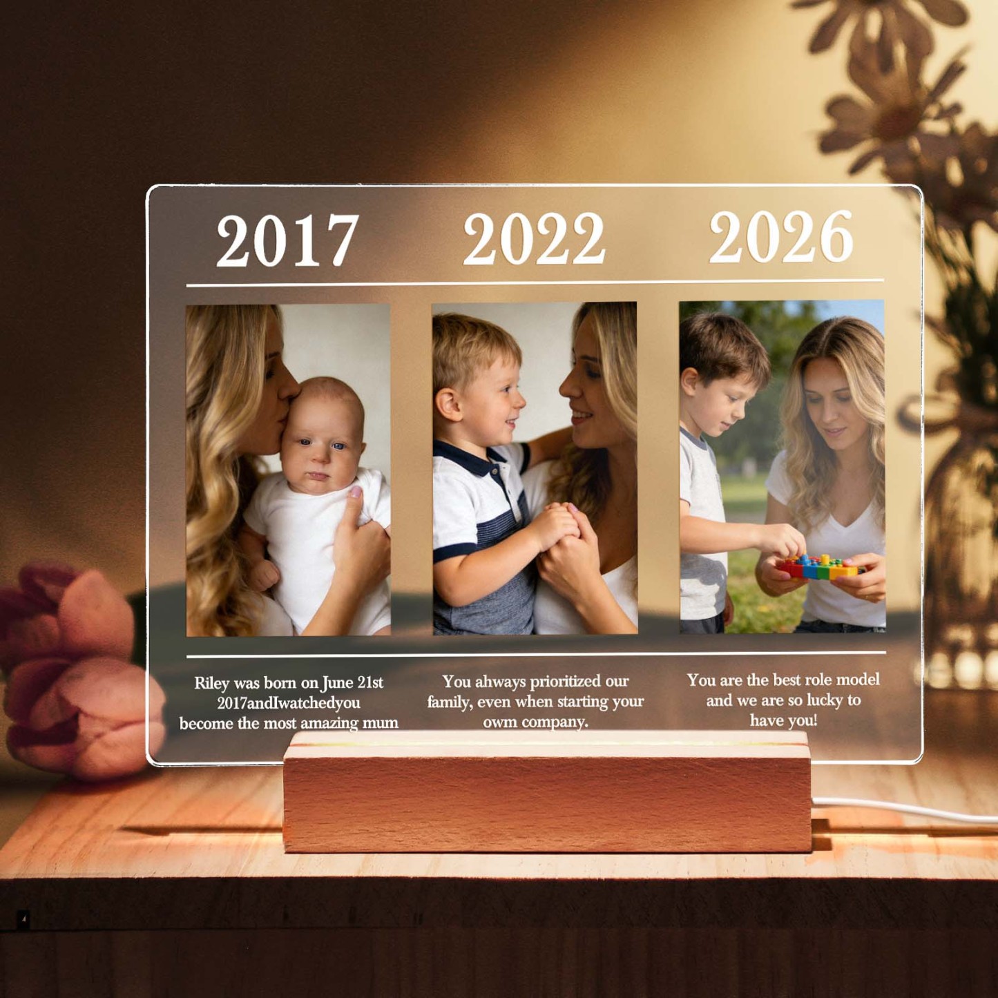 Veilleuse En Acrylique Personnalisée En Forme De Cœur Avec Collage Photo Et Texte, Lampe Led, Cadeau Pour La Fête Des Mères - MapLunelampeFr