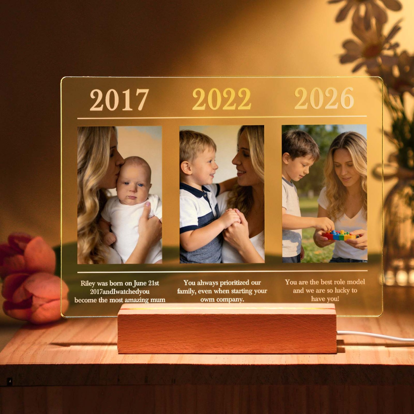 Veilleuse En Acrylique Personnalisée En Forme De Cœur Avec Collage Photo Et Texte, Lampe Led, Cadeau Pour La Fête Des Mères - MapLunelampeFr