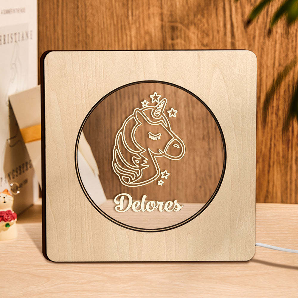Cadeau De Lampe De Cadre En Bois De Licorne Personnalisé Avec Nom Gravé Personnalisé - maplunelampefr
