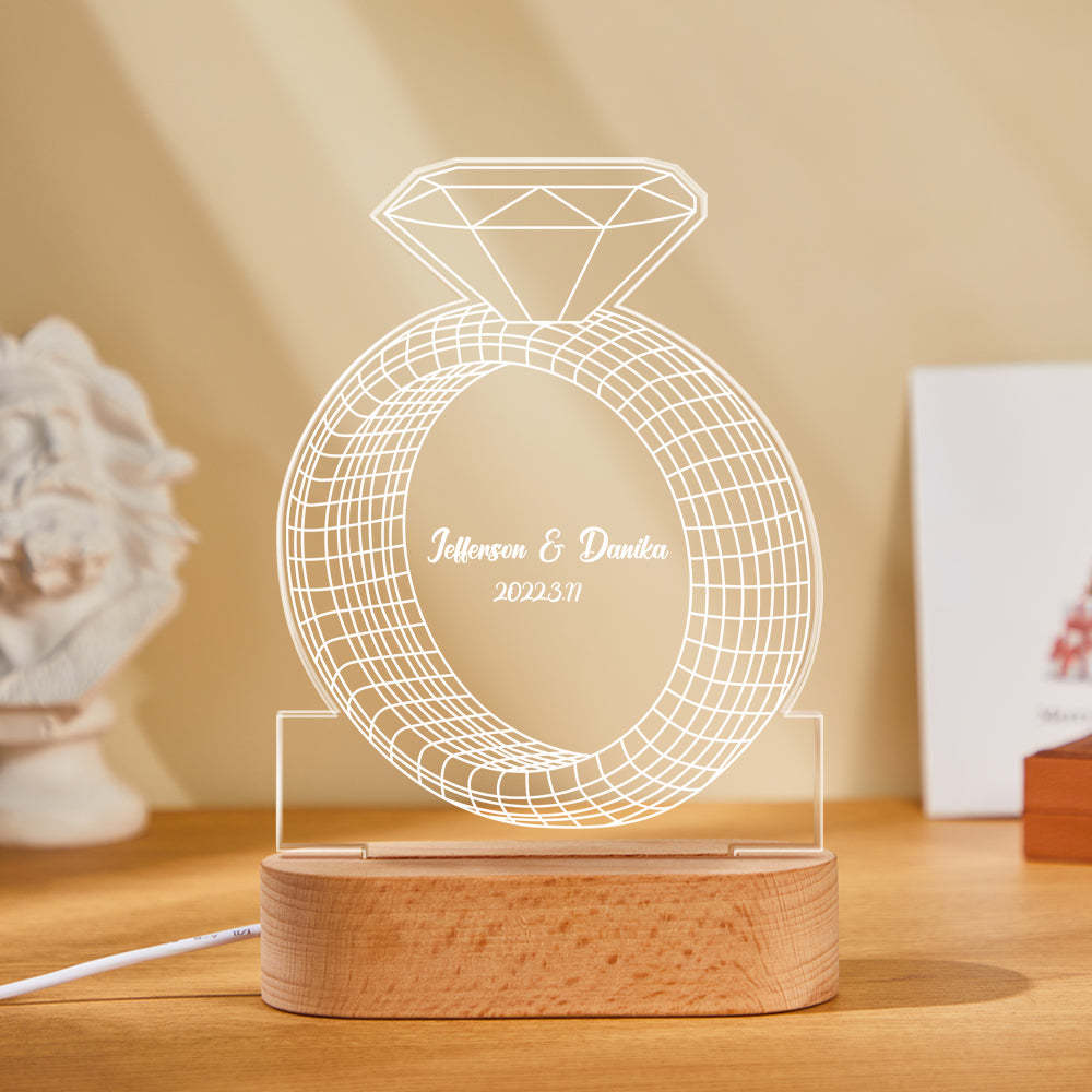 Texte Personnalisé Bague En Diamant Lampe Colorée Personnalisé Acrylique 3d Imprimé Veilleuse Proposition Anniversaire Jour Cadeau - maplunelampefr