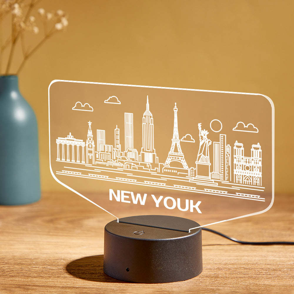 Nom Personnalisé New York City Building 3d Veilleuse Atmosphère Personnalisée Chambre Lampe De Table Belle 7 Changement De Couleur 3d Veilleuse - maplunelampefr