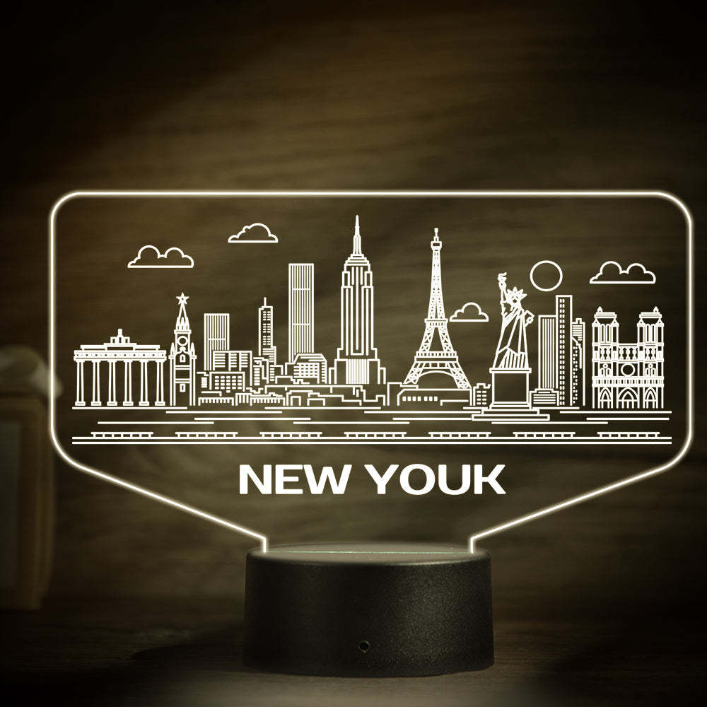 Nom Personnalisé New York City Building 3d Veilleuse Atmosphère Personnalisée Chambre Lampe De Table Belle 7 Changement De Couleur 3d Veilleuse - maplunelampefr