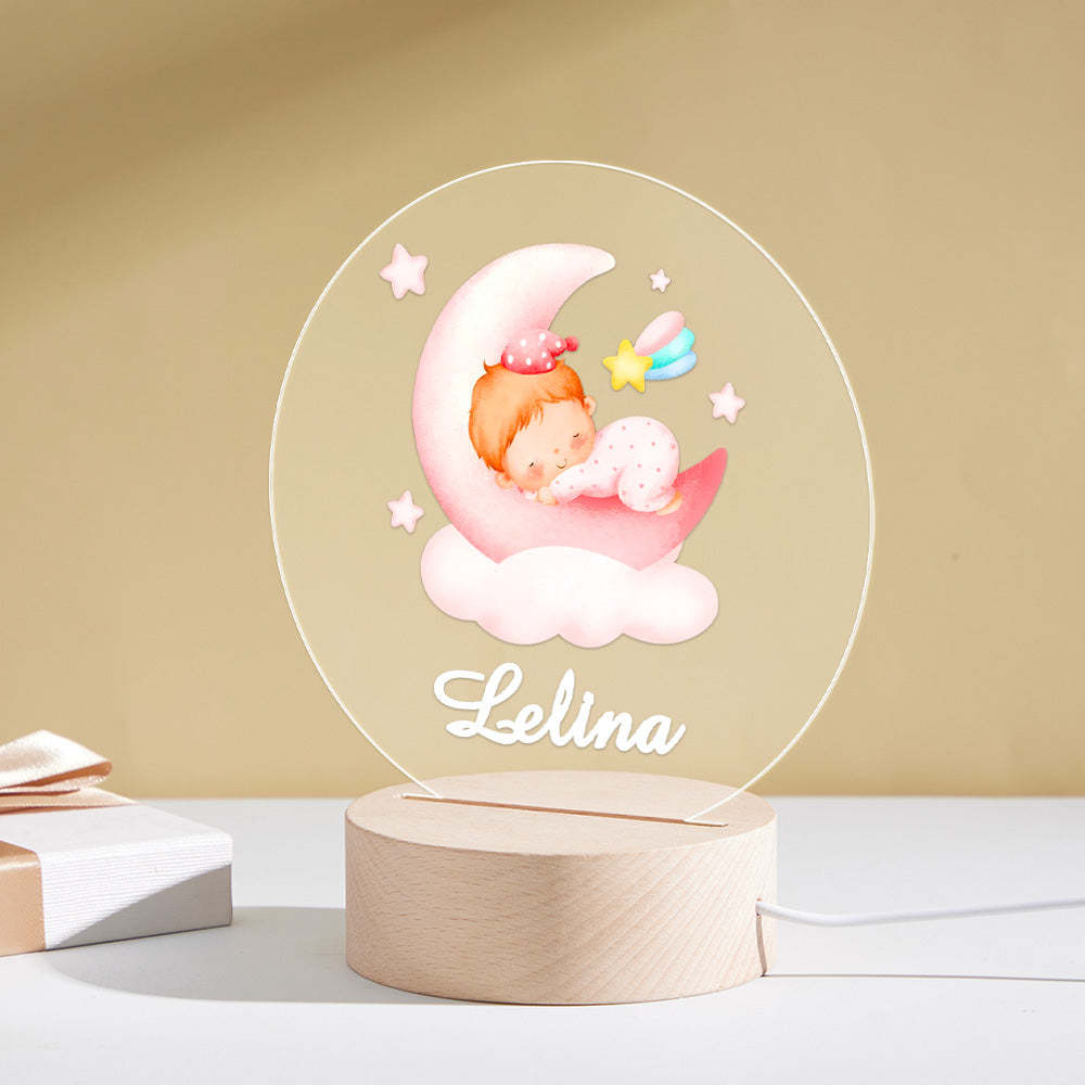 Lampe De Chambre À Coucher Avec Nom Personnalisé Pour Bébé, Joli Bébé Dormant Sur La Lune Pour Nouveau-né, Veilleuse, Cadeau Pour Bébé - maplunelampefr