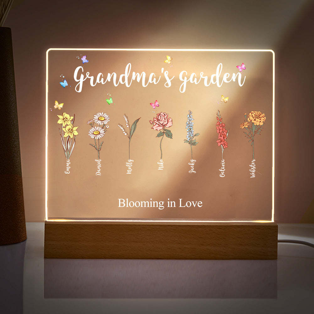 Lampe Acrylique De Jardin De Grand-mère, Fleurs De Naissance Personnalisées, Veilleuse, Cadeaux Pour Maman Grand-mère - maplunelampefr