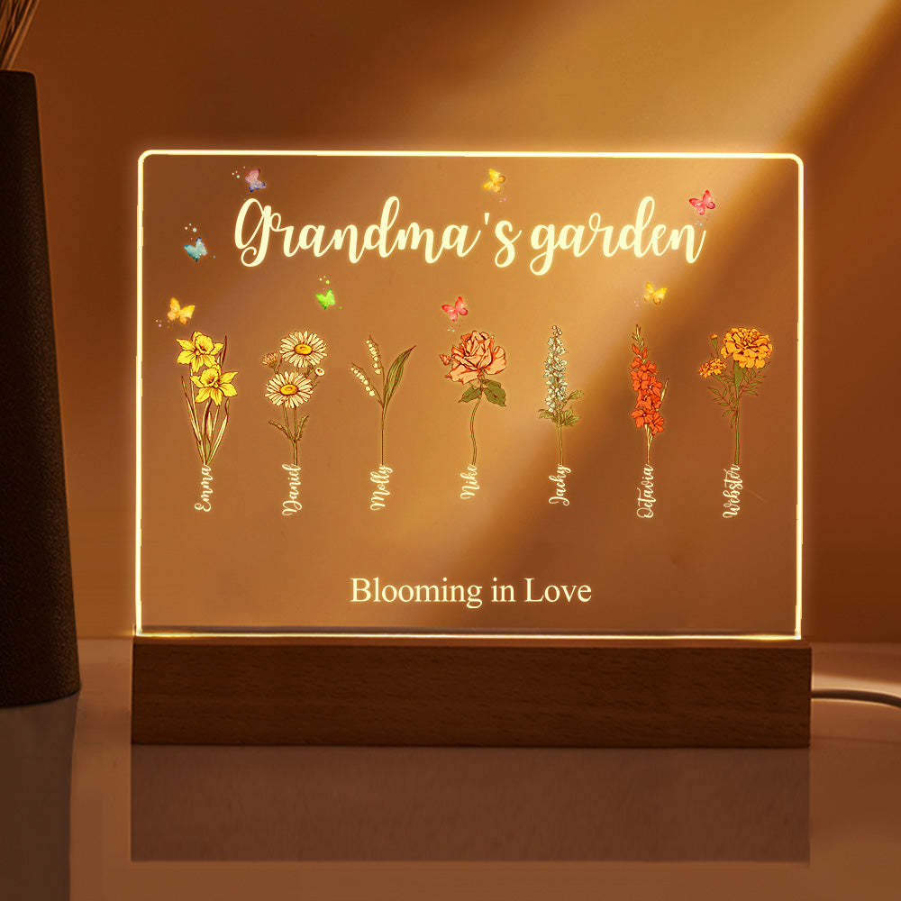 Lampe Acrylique De Jardin De Grand-mère, Fleurs De Naissance Personnalisées, Veilleuse, Cadeaux Pour Maman Grand-mère - maplunelampefr