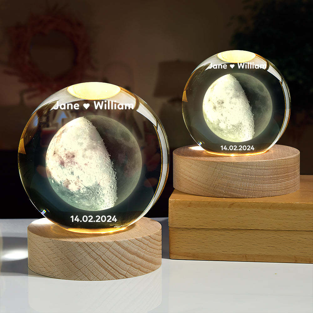 Boule De Cristal Personnalisée En Forme De Lune 2d, Veilleuse, Cadeaux Uniques Pour La Saint-valentin - maplunelampefr