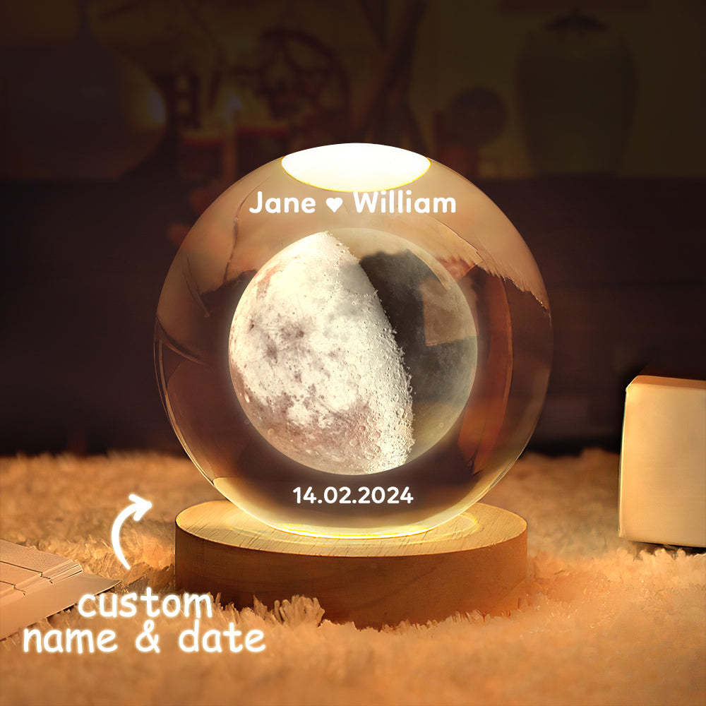Boule De Cristal Personnalisée En Forme De Lune 2d, Veilleuse, Cadeaux Uniques Pour La Saint-valentin - maplunelampefr