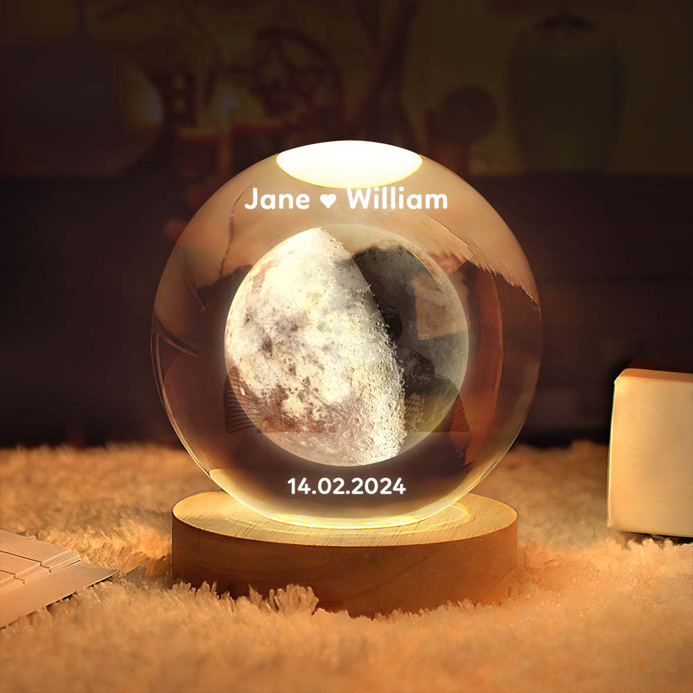 Boule De Cristal Personnalisée En Forme De Lune 2d, Veilleuse, Cadeaux Uniques Pour La Saint-valentin - maplunelampefr
