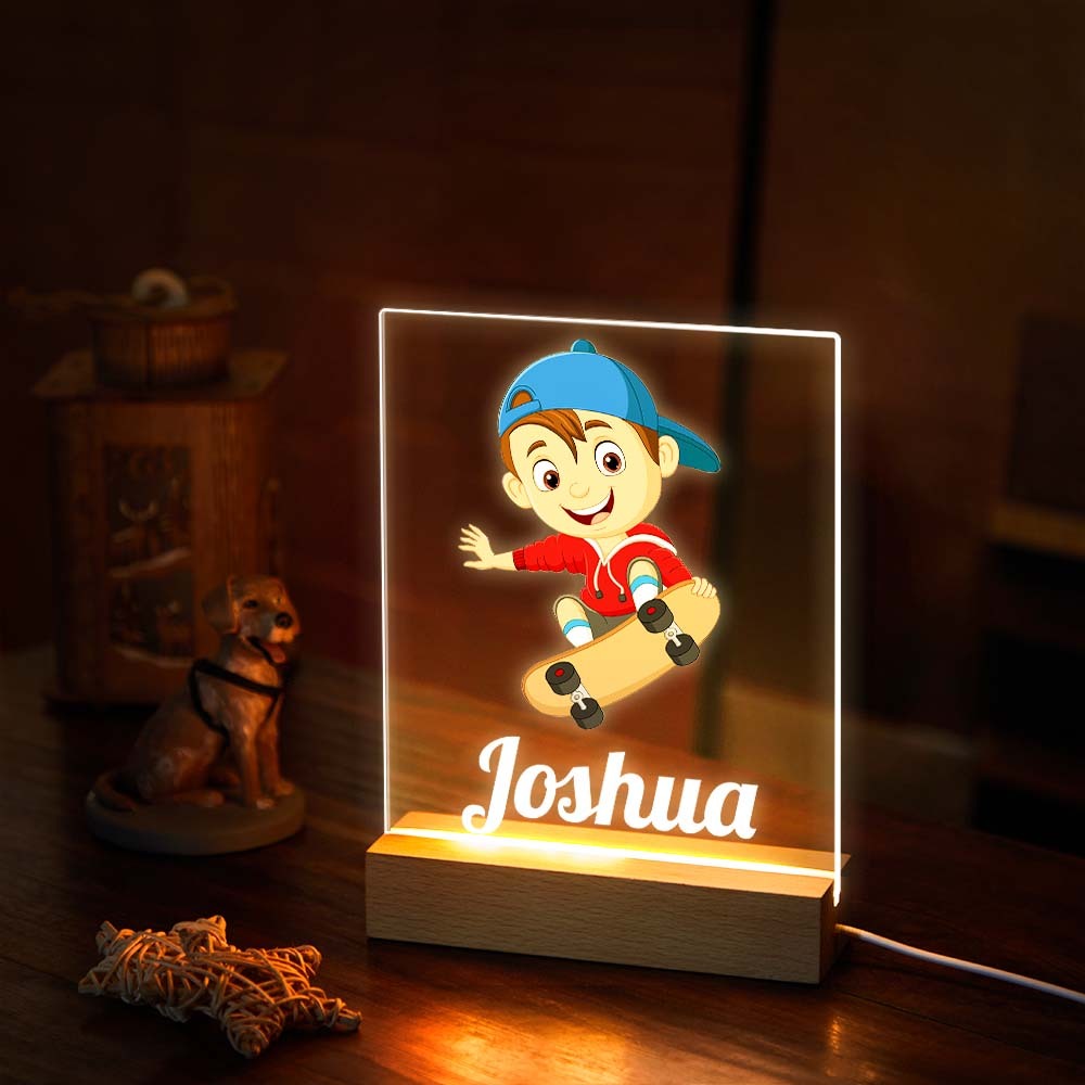 Veilleuse Acrylique De Nom Personnalisé Pour Le Décor De Pièce De Lampe À Led De Planche À Roulettes De Jeu De Garçon - maplunelampefr