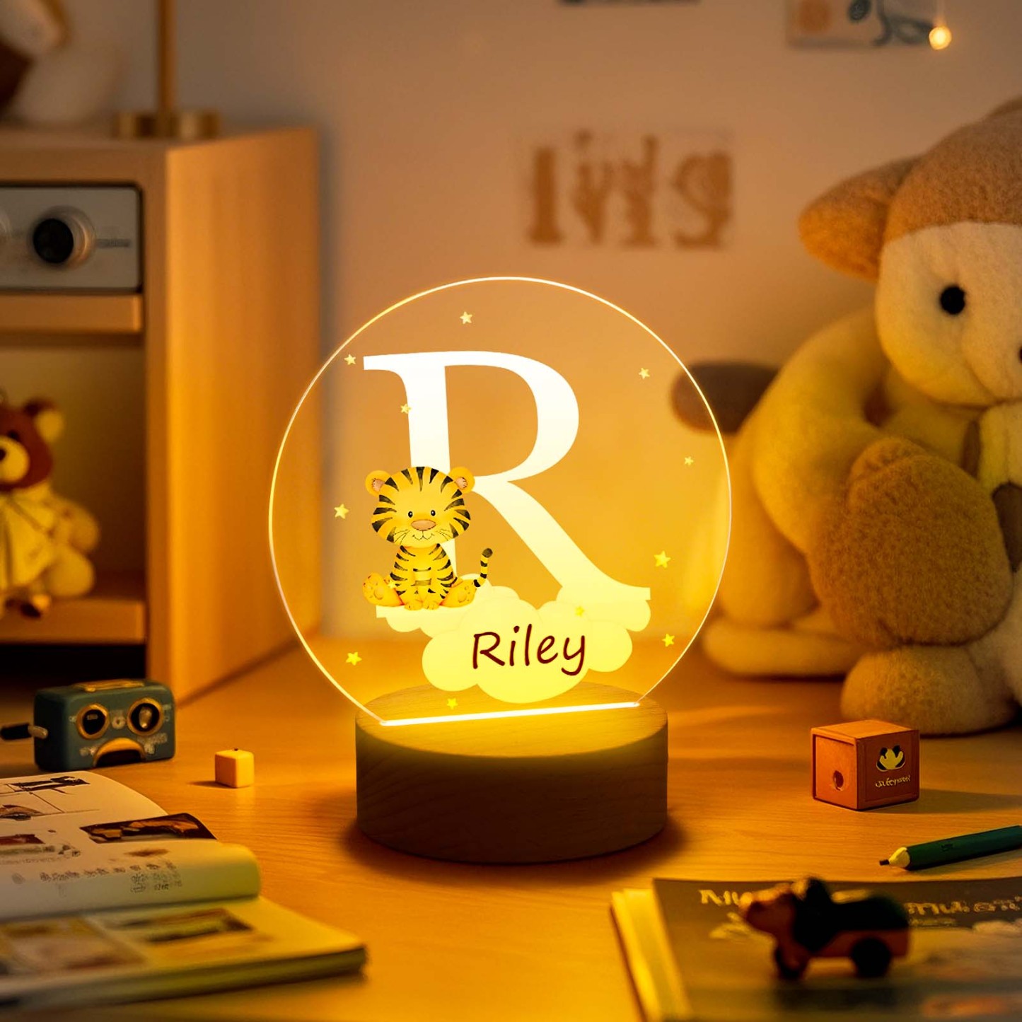 Veilleuse Led Personnalisée Avec Nom Initial D'animal De La Forêt Et Nuage D'étoile Fantaisie Personnalisé Avec Base En Bois, Décoration De Chambre D'enfant, Cadeau D'anniversaire, De Fête Prénatale Pour Les Enfants