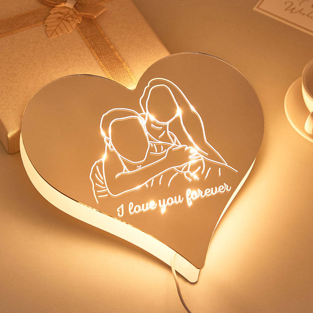 Photo Personnalisée Coeur Miroir Lampe Colorée Dessin Au Trait Led Veilleuse Exquise Cadeaux Pour La Maison - maplunelampefr