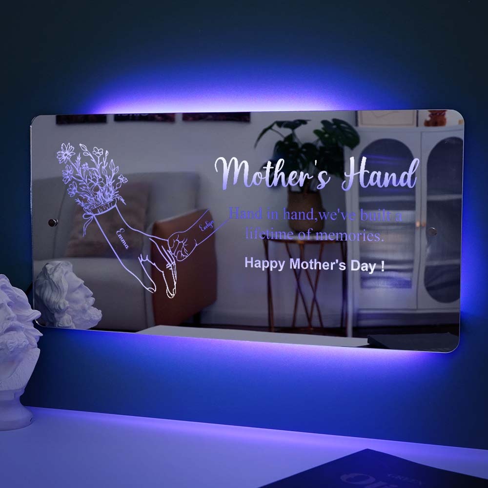 Cadeau De Fête Des Mères Main Dans La Main Personnalisé Maman Et Enfants Miroir Lumineux Personnalisé Cadeau Pour Maman - MapLunelampeFr