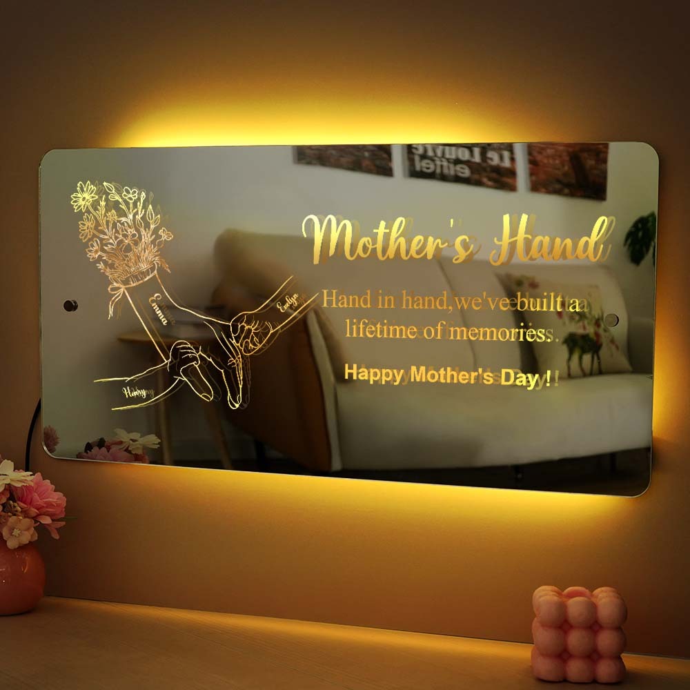 Cadeau De Fête Des Mères Main Dans La Main Personnalisé Maman Et Enfants Miroir Lumineux Personnalisé Cadeau Pour Maman - MapLunelampeFr