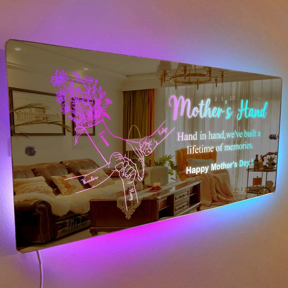 Cadeau De Fête Des Mères Main Dans La Main Personnalisé Maman Et Enfants Miroir Lumineux Personnalisé Cadeau Pour Maman - MapLunelampeFr