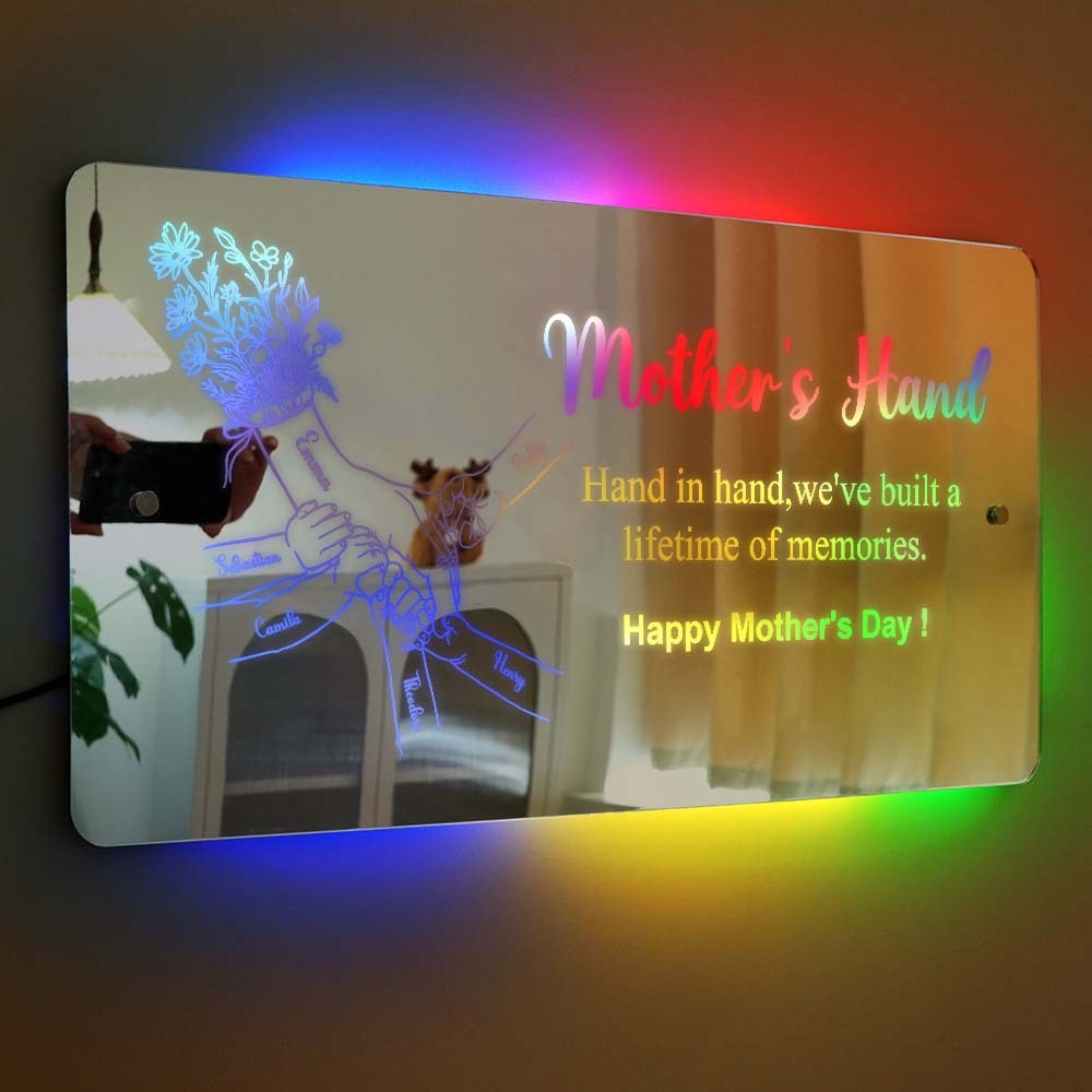 Cadeau De Fête Des Mères Main Dans La Main Personnalisé Maman Et Enfants Miroir Lumineux Personnalisé Cadeau Pour Maman - MapLunelampeFr