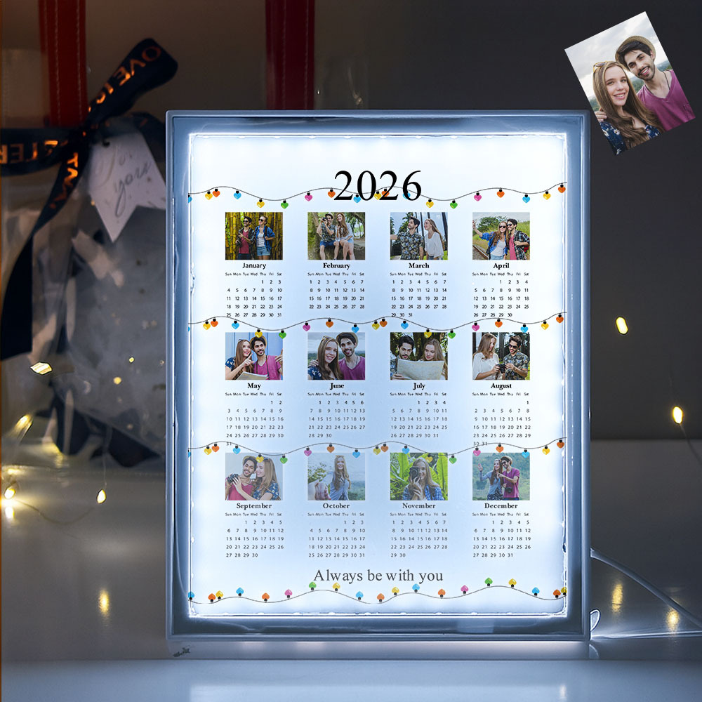 Boîte Lumineuse Miroir Calendrier 2026 Personnalisée Avec Photo - Cadeau De Saint-valentin - MapLunelampeFr