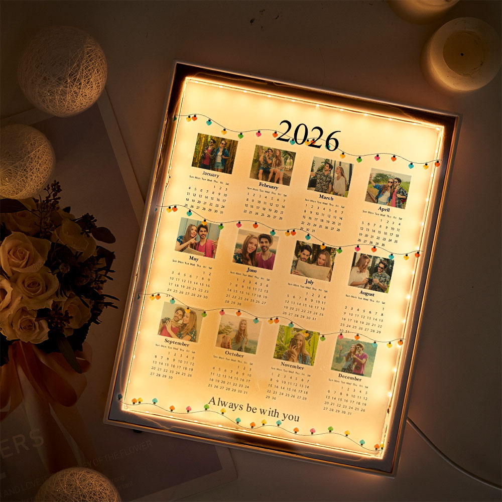 Boîte Lumineuse Miroir Calendrier 2026 Personnalisée Avec Photo - Cadeau De Saint-valentin - MapLunelampeFr