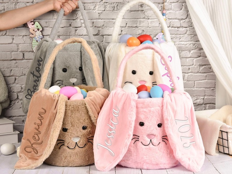 Panier De Pâques Personnalisé, Panier De Pâques En Peluche Brodé, Panier De Lapin Pour Enfants Avec Nom, Panier De Chasse Aux Œufs De Pâques, Seau De Pâques, Cadeau De Pâques Pour Enfants - MapLunelampeFr